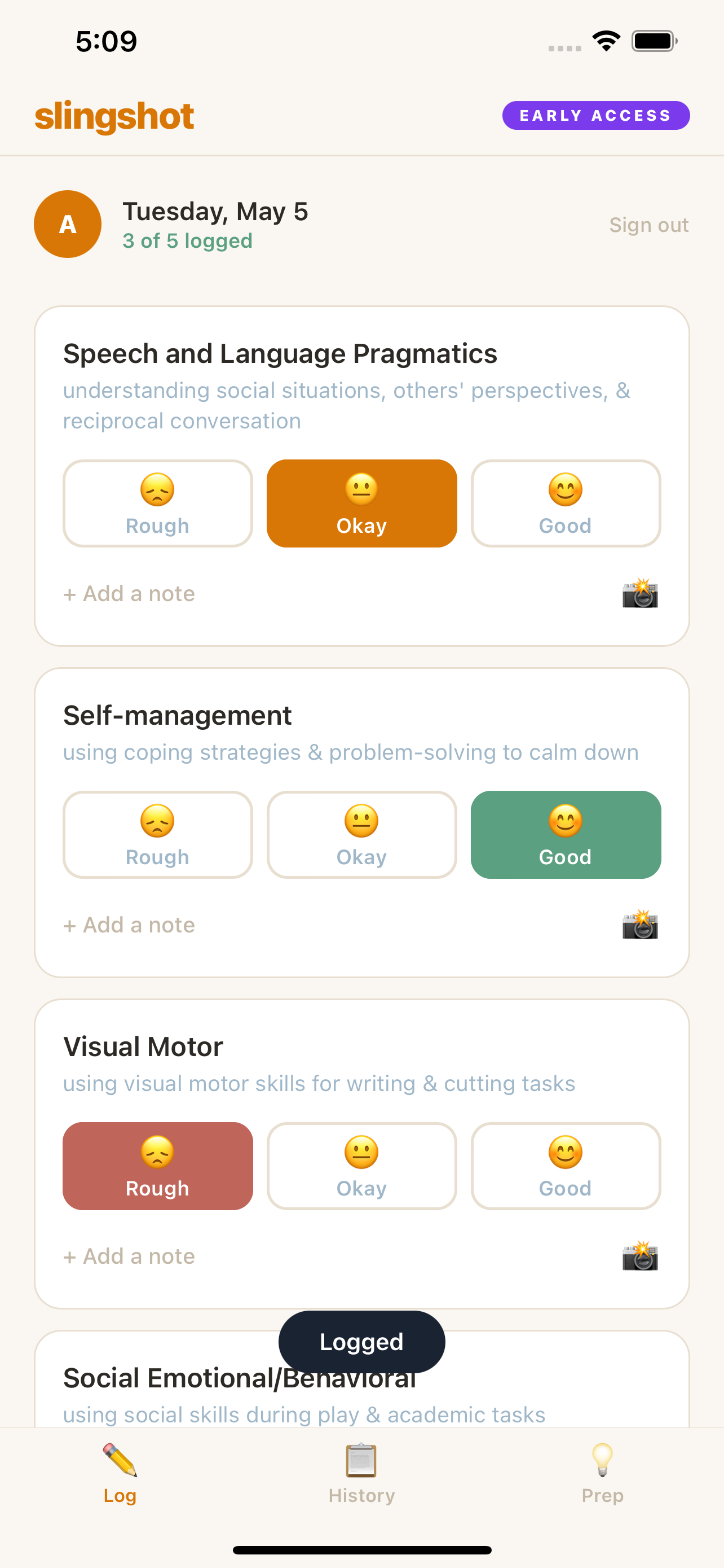 Slingshot daily goal logging screen